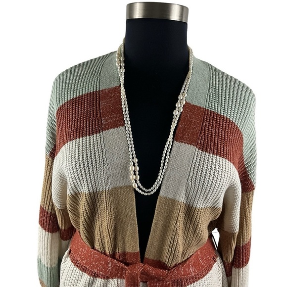 Nine West Striped Plus Size Multi Colored Belted Balloon Sleeve Sweater - Picture 7 of 9
